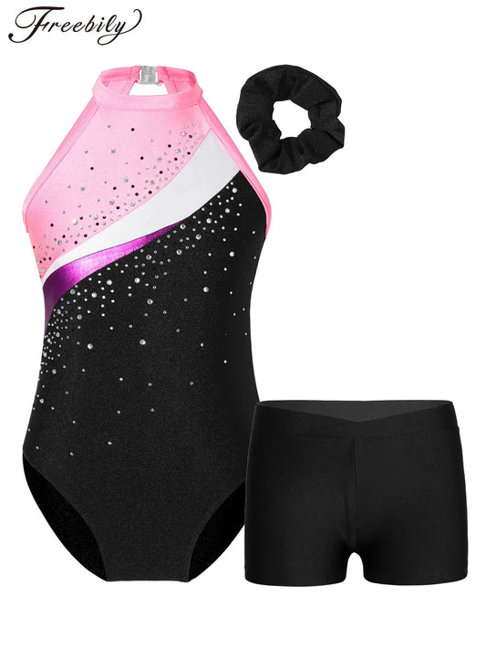 Kids Girls Ballet Dance Sets Child Artistic Gymnastics Workout Dance Costumes Shiny Rhinestone Leotards with Hair Band Shorts