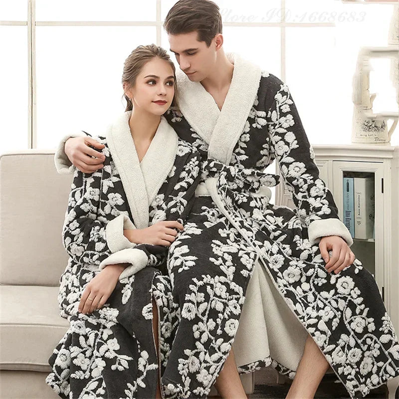 Dicke Flanell Jacquard Nachtwäsche Lose Casual Homewear Lounge Tragen Korallen Fleece Lange Robe Winter Warme Paar Bademantel Nachtwäsche