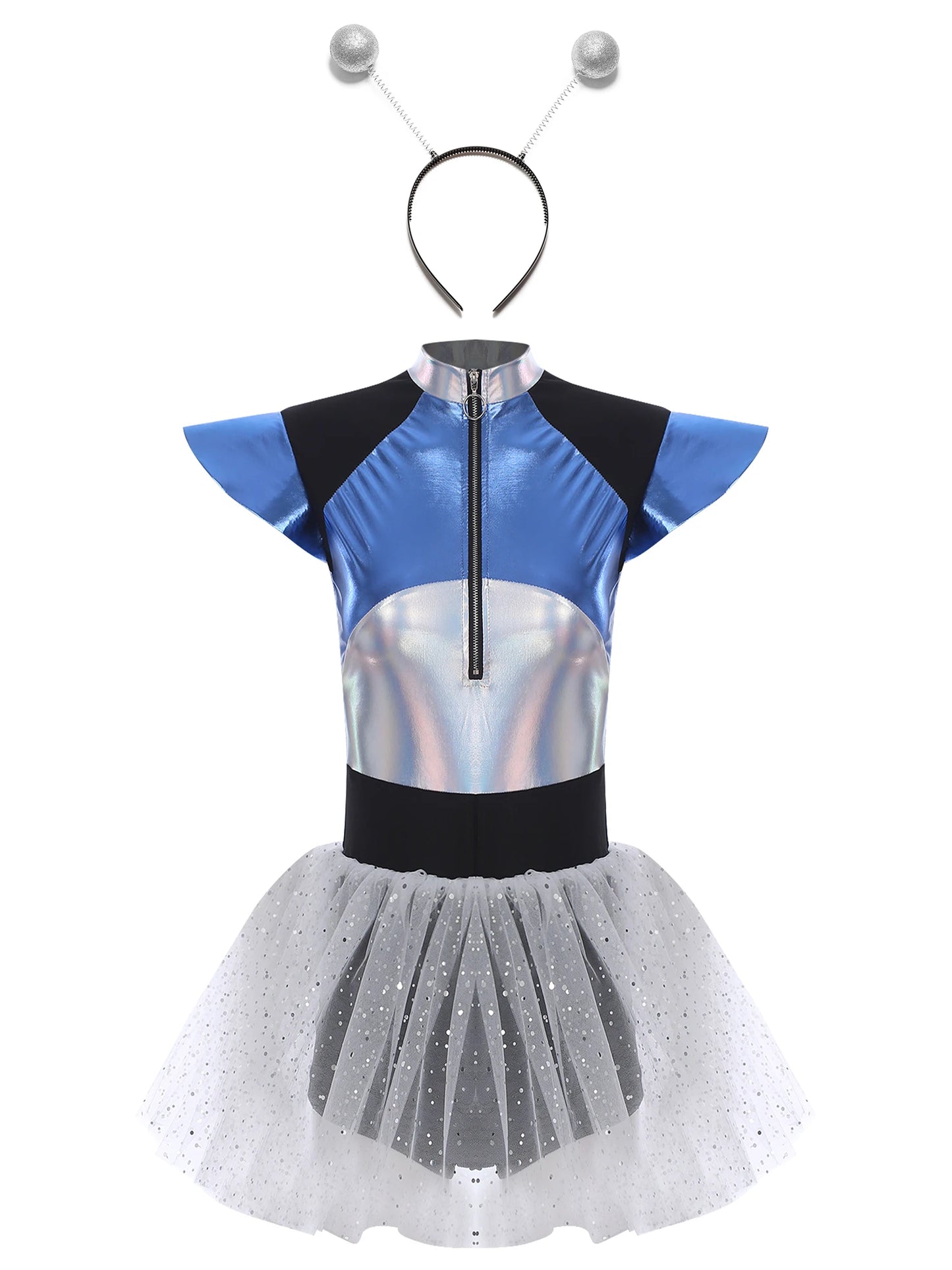 Damen Alien Kostüm Halloween Weltraum Kadett Außer irdische Metallic Tutu Rock Trikot für Cosplay Party Dress Up