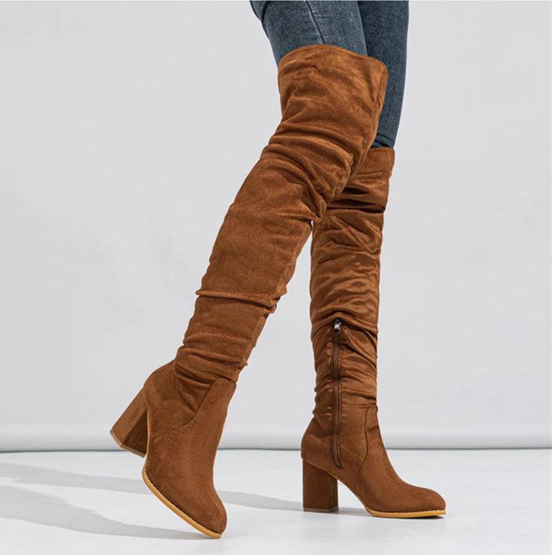 Liyke 2024 Herbst Winter schwarz braun über dem Knie Stiefel Frauen sexy spitzen Zehen Reiß verschluss Oberschenkel hohe Schuhe quadratische Absätze Stiefeletten femme