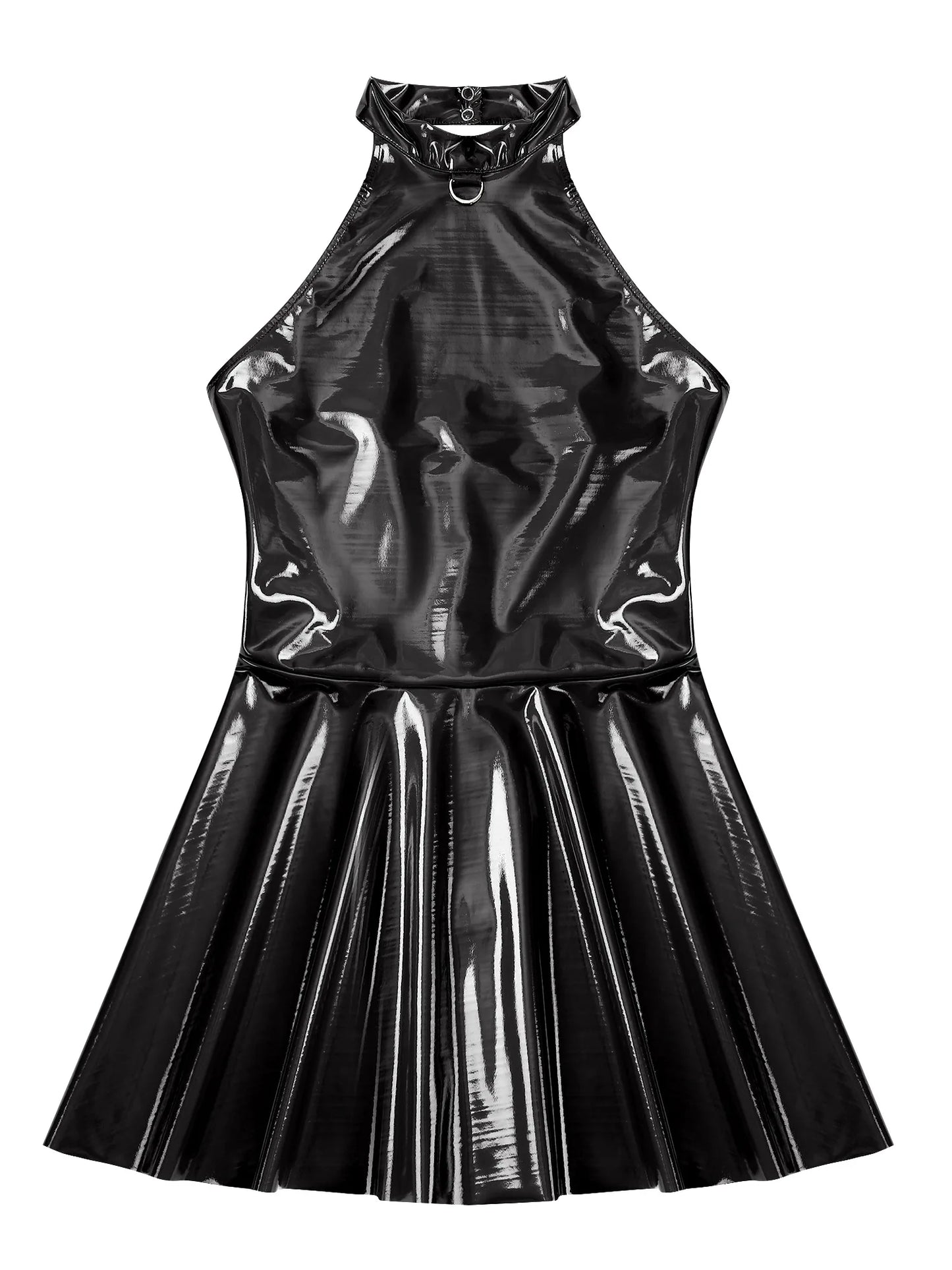 Damen Wet Look Lack leder Halfter rücken frei Skater Mini A-Linie Kleid Vinyl Latex glänzend Cocktail Party Club Kleider Clubwear