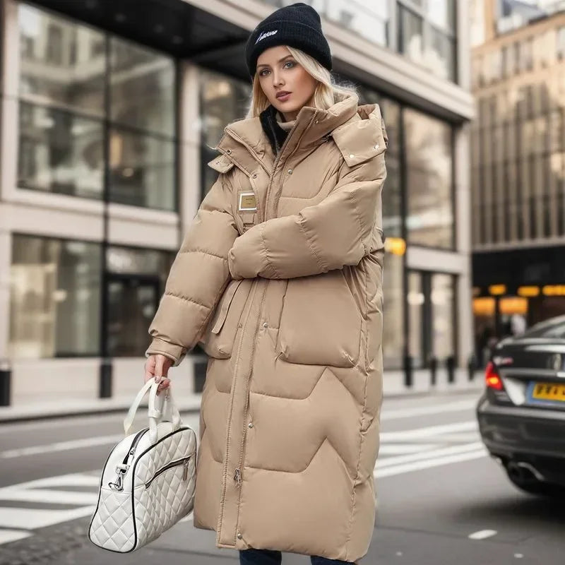 2024 Winter Parka Woman Long Jacket Hooded Thicken Loose Zipper Pockets Warm Snow Wear New Casual Female Down Cotton Padded Coat