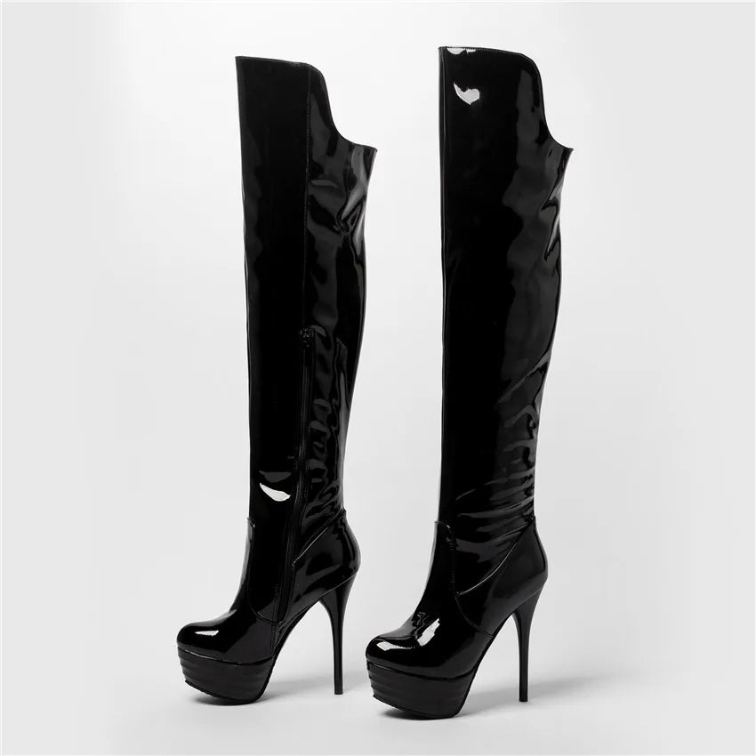 Sexy Frauen Oberschenkel hohe Plattform Stiefel schwarz rot Lack leder dünne Absätze runde Zehen Party Club Fetisch Dame Reiß verschluss über Knie Stiefel