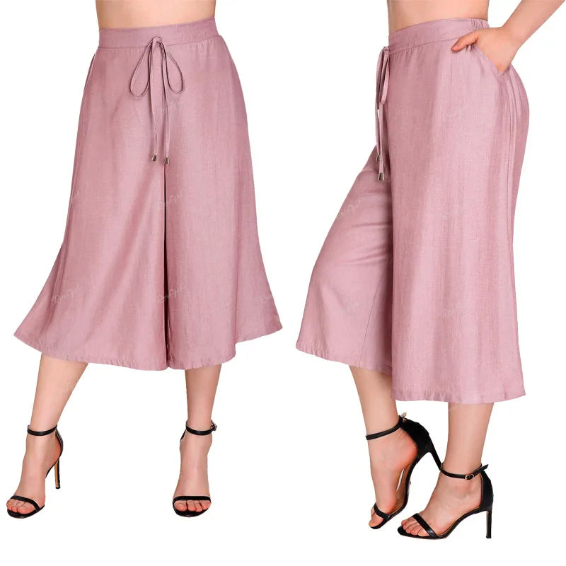 Rosegal Plus Size Schnür Culotte Hose mit Tasche hellrosa Frauen Frühling Sommer elastische Taille weites Bein Midi Hose Mujer