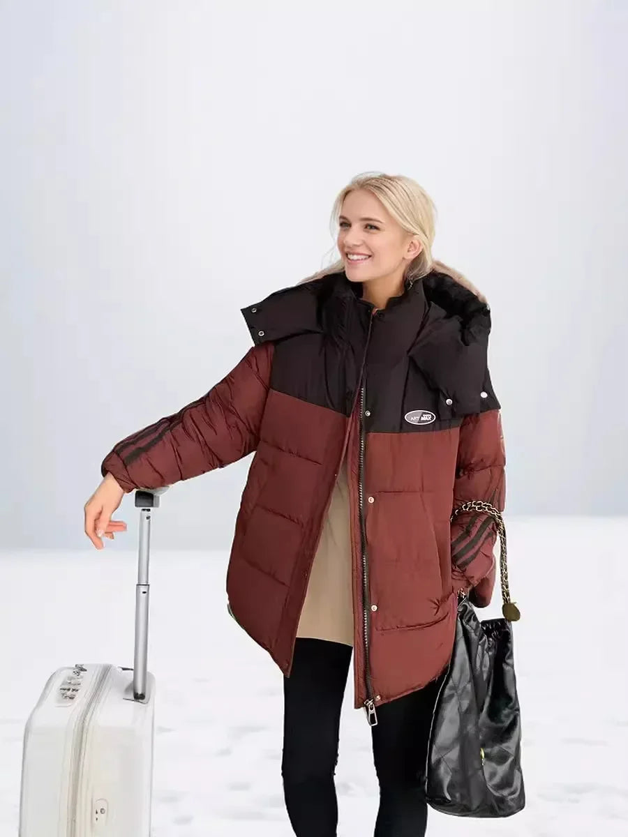 2024 neue Winter Damen jacke Kontrast lässig Kapuze Daunen Baumwoll jacke weiblich verdicken warme lose Puffer gepolsterte Parkas Mäntel