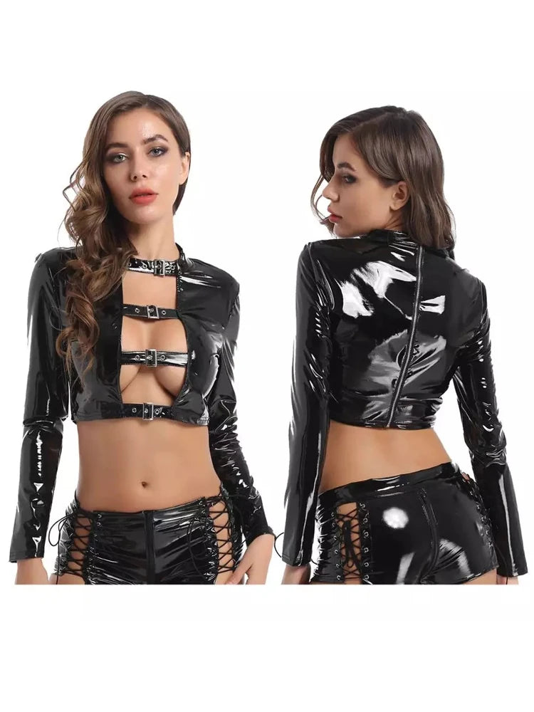 Women Wet Look PVC Long Sleeve Tee Shirt Hollow Out See Through Hot Sexy Crop Tops Bustier Top Shiny PU Leather Croptop Clubwear