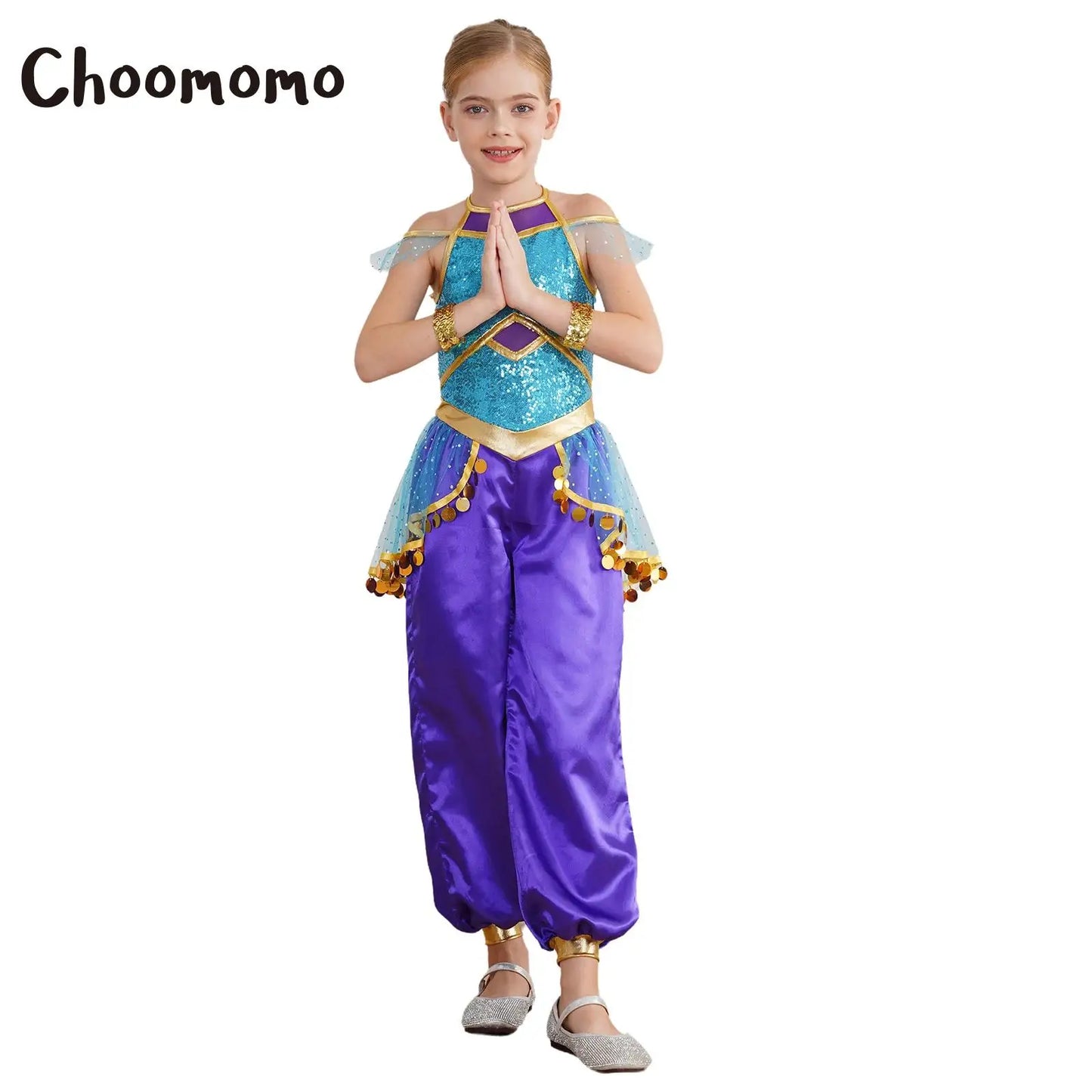 KIds Girls Arabian Princess Costume Indian Bollywood Belly Dance Jumpsuit Halloween Party Fairy Tale Pretend Play Fancy Dress