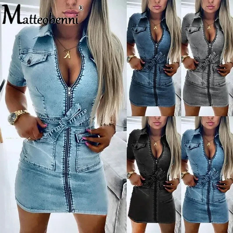 Reißverschluss kurzarm Mini Jean Kleid