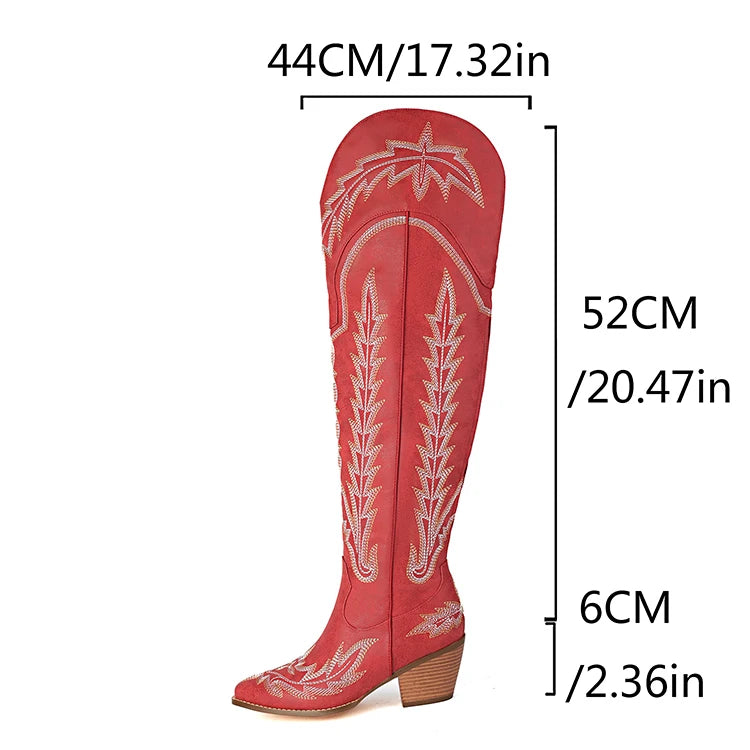 Plus Size atmungsaktive bestickte Westerns tiefel Holzmaserung Grob absatz Seiten reiß verschluss Westerns tiefel trend ige Overknee-Stiefel