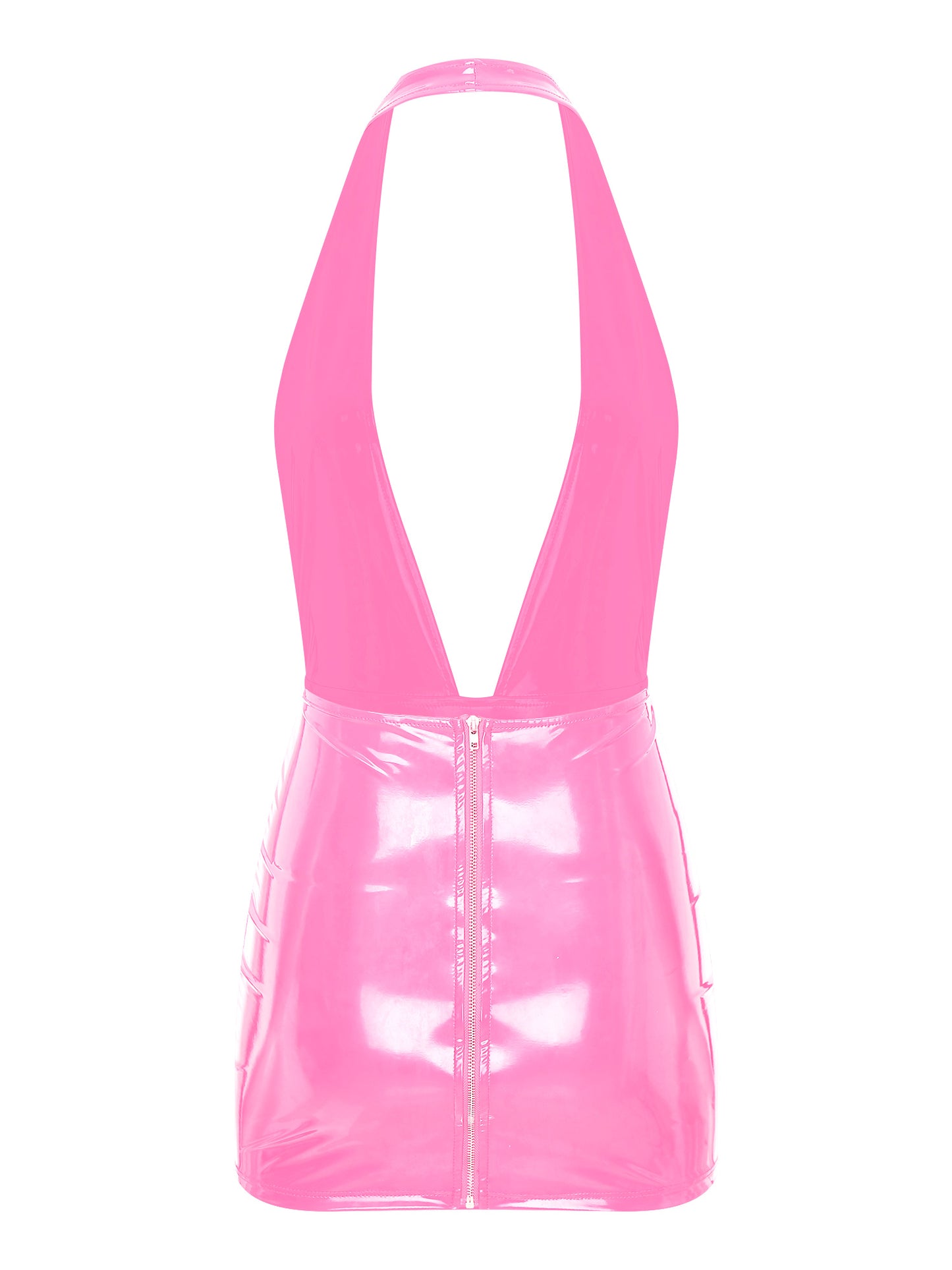 Damen Wet Look Kunstleder sexy Deep V-Ausschnitt Club Kleid Neck holder Hals rücken frei Reiß verschluss Mini kleider Bodycon Latex Clubwear