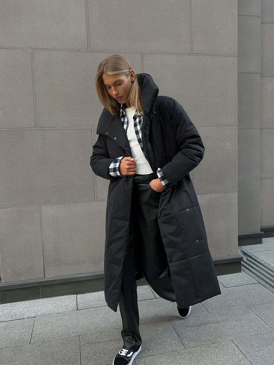 Bornladies Frauen Lose Steppjacken Parkas Wintermäntel Übergroße Warme Lange Gürtel Pufferjacken Damen Baumwolle Gefütterte Jacke