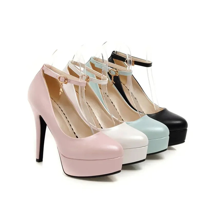 Weiße Party Frauen Plattform Pumps High Spike Ferse runde Zehen schwarz blau rosa Pu Hochzeit Büro Club Dame Knöchel riemen dünne Stilett