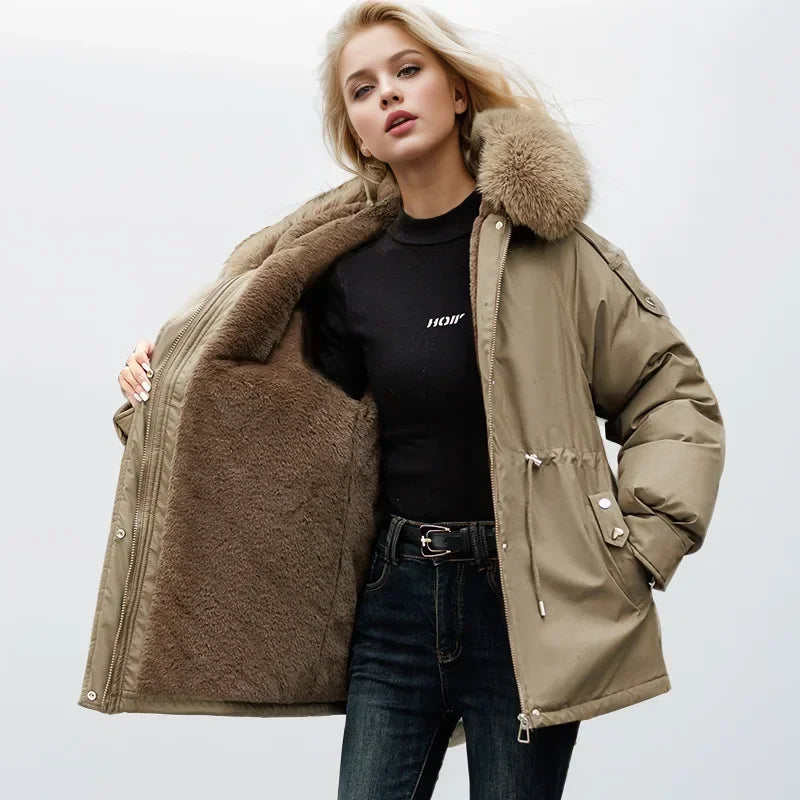 Frauen Parka Mode Lang mantel Wolle Liner Kapuze Parkas 2024 neue Winter jacke schlank mit Pelz kragen warmer Schnee tragen gepolsterte Kleidung