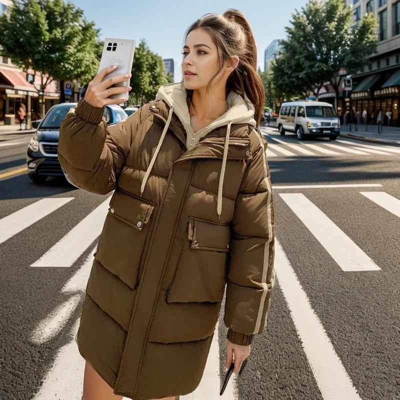 2024 Winter Women's Padded Jacket New Contrast Medium Long Fake Two Piece Down Cotton Jacket Female Hooded Casual Parkas Coats