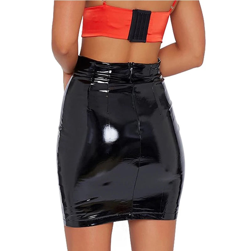 Women's Shiny Leather Black Mini Skirt Hip Hot Skirt Sexy Liquid Metallic Faux Latex High Waist Slim Casual