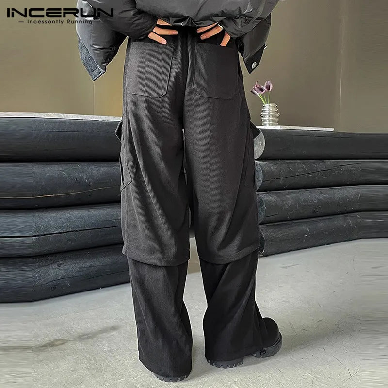 INCERUN Men Casual Pants Solid Color Button Loose Pockets Fashion Corduroy Trousers Men Streetwear 2024 Male Cargo Pants S-5XL