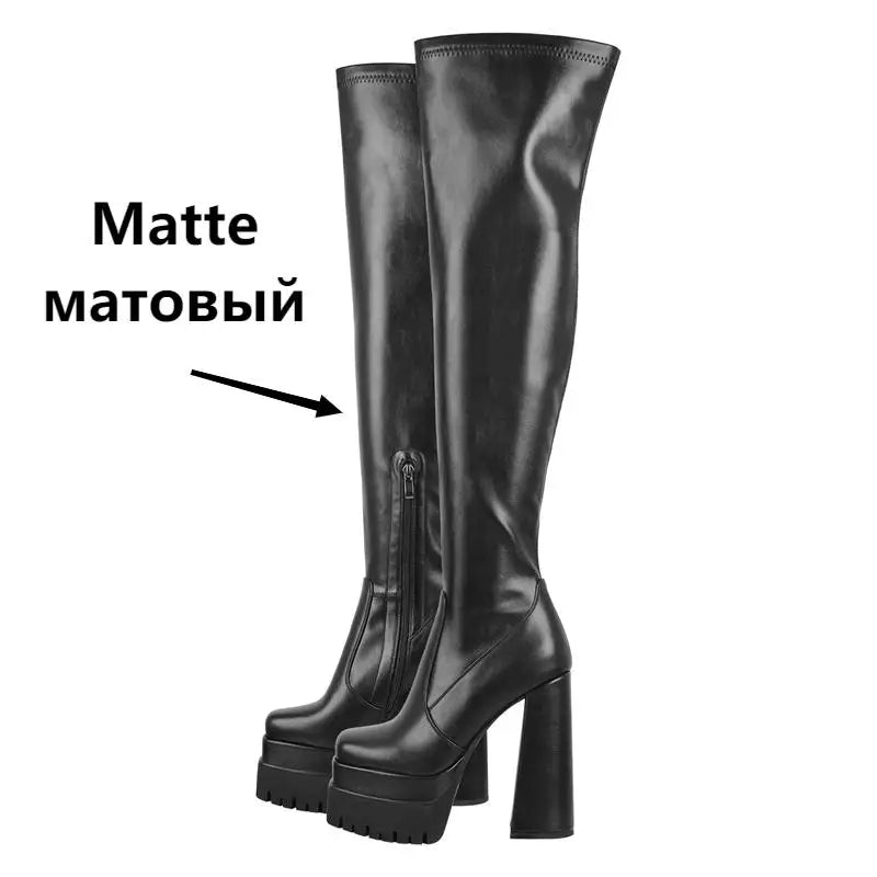 Onlymaker Über Das Knie Stiefel Frauen Schwarz Mate Dicken Plattform High Heels Seite Zipper Punk Stil Karree Mode Party stiefel