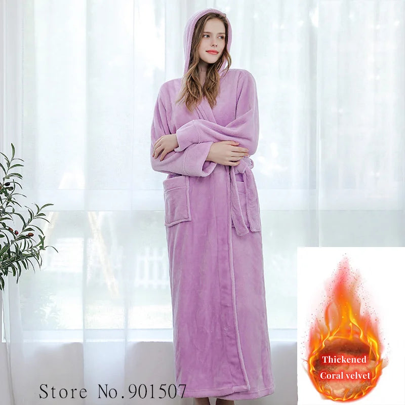 Extra lange Winter Korallen Fleece Bademantel Frauen Kapuze warme Kimono Bademantel gemütliche Kimono Dusch roben lose Peignoirs Nachthemd