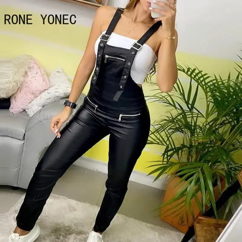 Women Elegant Solid Pu Leather Zipper Decor Overall Suspenders Jumpsuit
