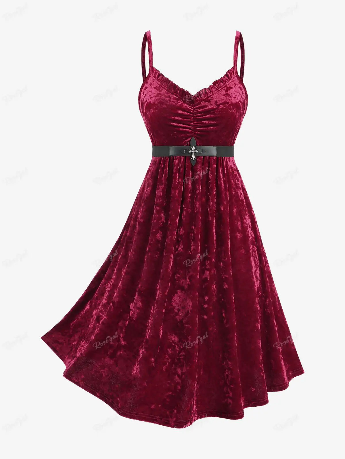 ROSEGAL Damen-Kleid und Umhang in Übergröße mit Gürtel, rote Rüschen, gerüschtes Samt-Cami-Kleid, schwarze Beflockungs-Mesh-Kapuzenponchos