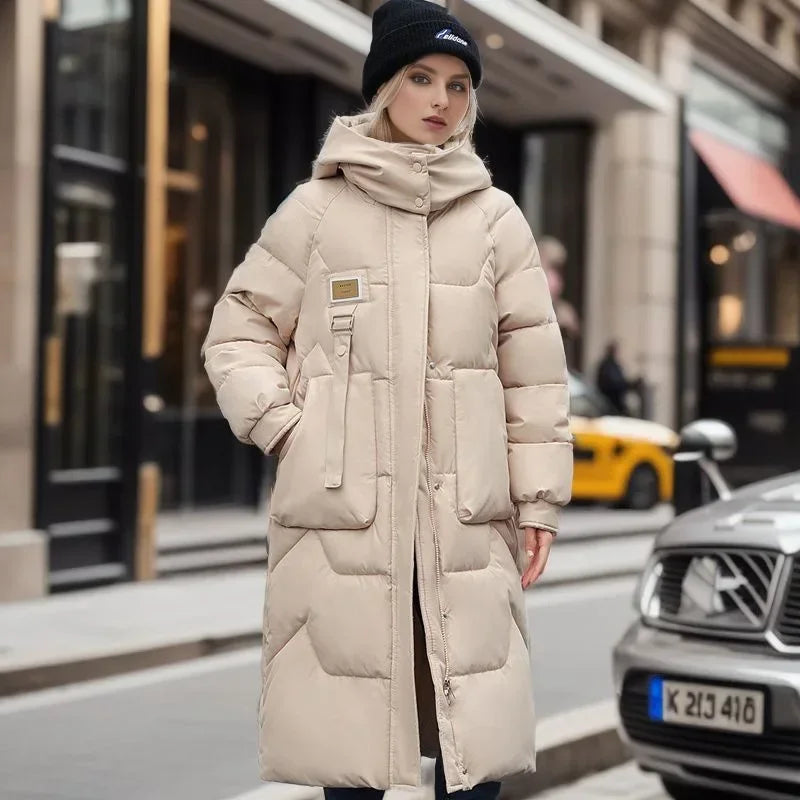 2024 Winter Parka Woman Long Jacket Hooded Thicken Loose Zipper Pockets Warm Snow Wear New Casual Female Down Cotton Padded Coat