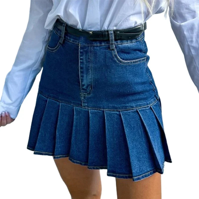 Süße Stil Spleißen Plissee Saum Denim Rock Frauen Sommer Mode Lässig Hohe Taille Taste Patchwork Weibliche Halbkörper Kleid neue