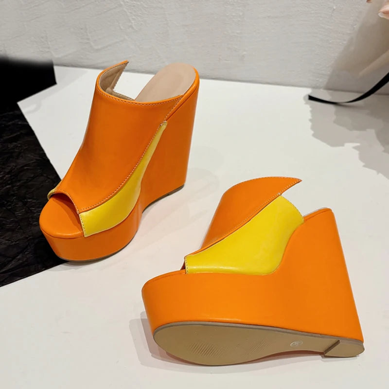 Liyke 2024 neue orange Leder Frauen Plattform Keile Hausschuhe sexy Peep Toe Super High Heels Sandalen Sommer Party Kleid Schuhe