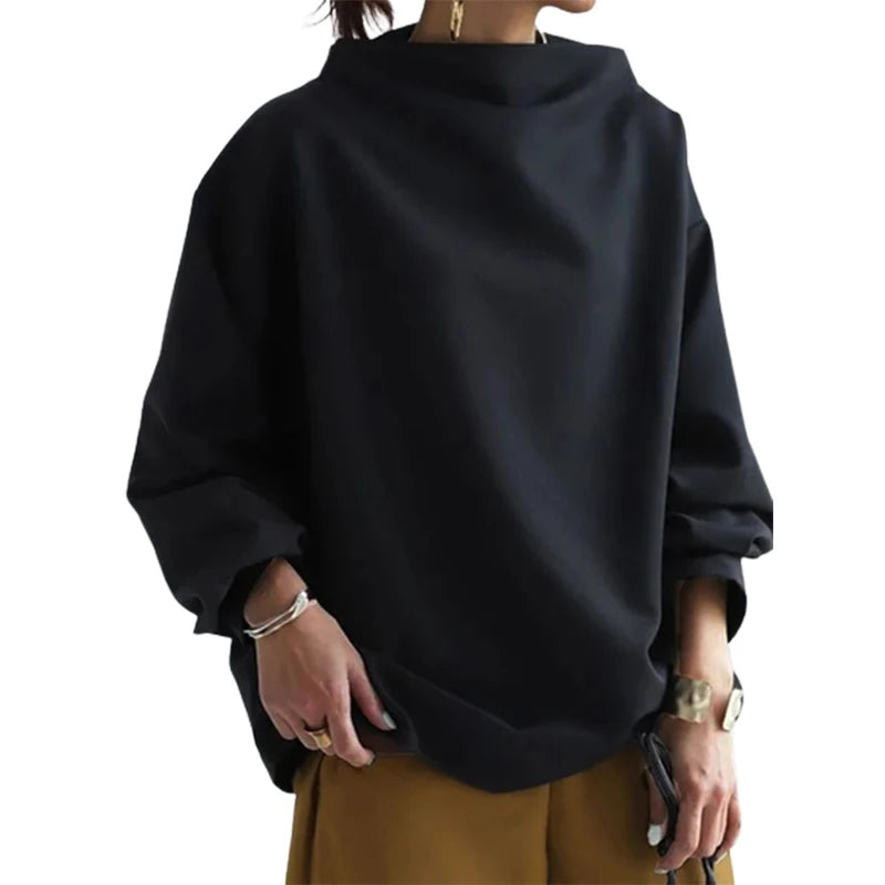 Yeezzi Frühling Weibliche Tops Mode Lässig Einfarbig High-Neck Long Sleeves Baumwolle Schwarz Shirts Für Frauen 2023