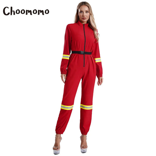 Damen Feuerwehr mann Kostüm Feuerwehr mann Langarm Front Reiß verschluss Overall Stram pler Overalls für Halloween Party Rollenspiel verkleiden