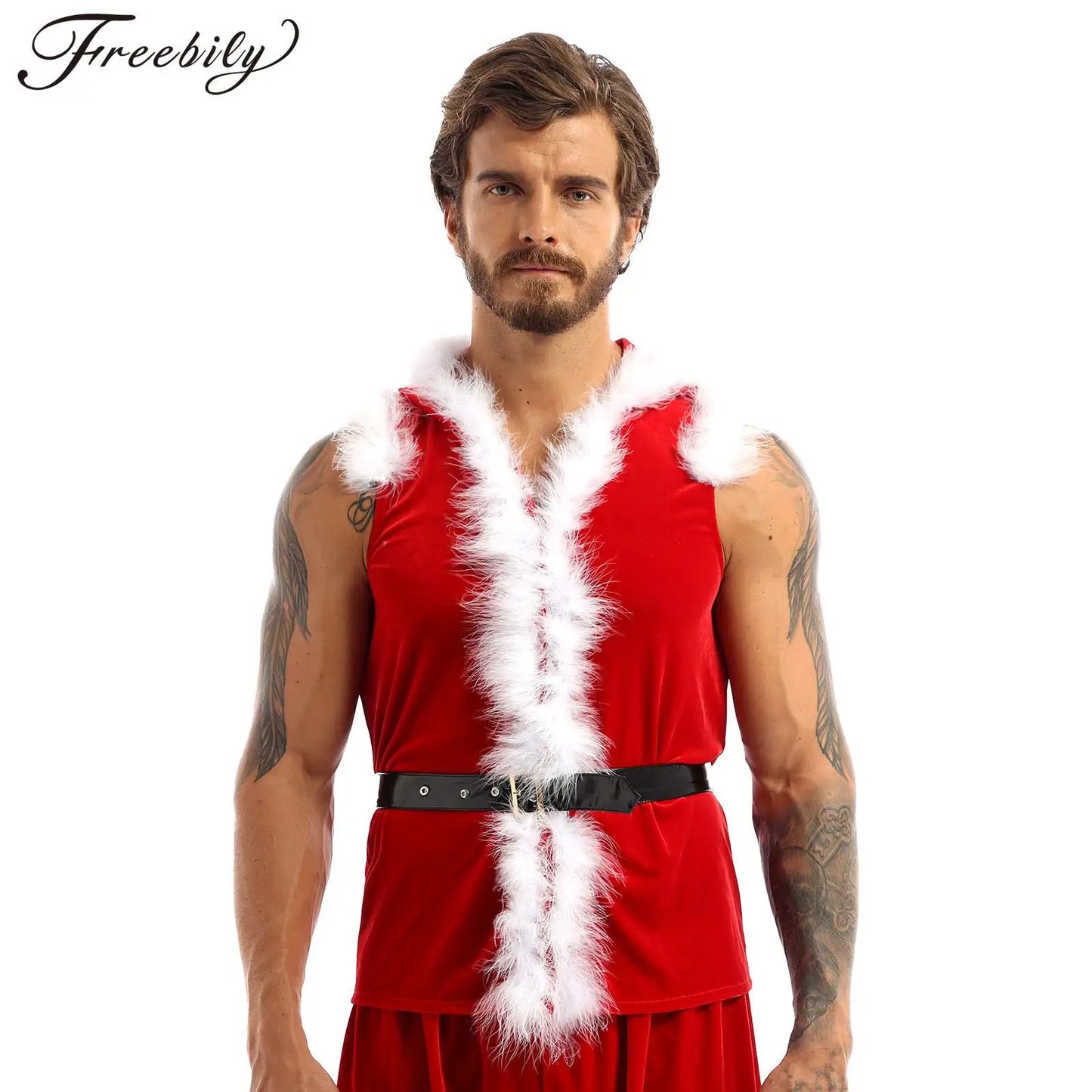 Mens Christmas Santa Claus Costum Red Green Velvet Hooded Vests Jacket Sleeveless Faux Fur Trimming Vest with Leather Belt