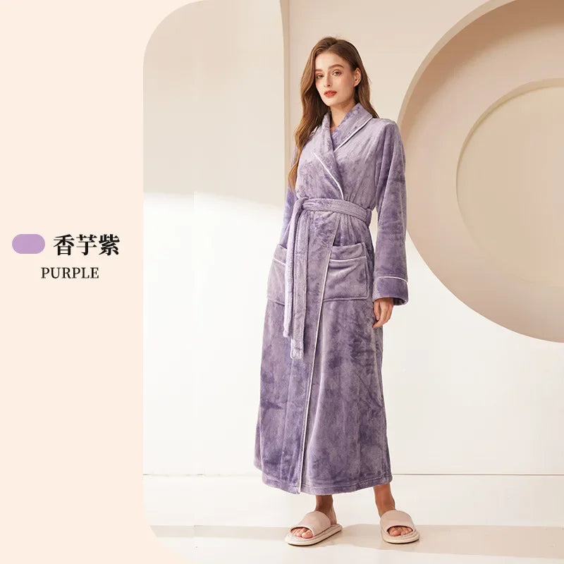 Frauen Große Größe 3Xl Kimono mit Tasche Herbst Winter Neue Bademantel Kleid Lose Homewear Lose Nachtwäsche Verdicken Flanell Loungewear