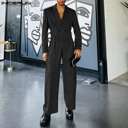 INCERUN Men's Sets Solid Streetwear Lapel Long Sleeve Irregular Blazer & Pants Two Pieces Sets 2024 Loose Fashion Men's Suits