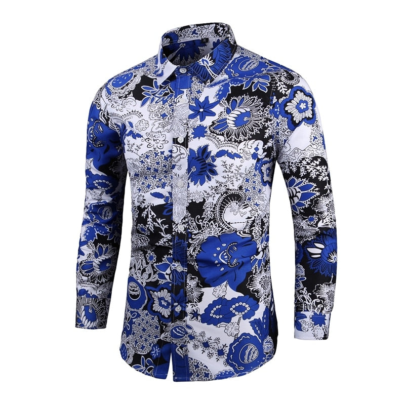 New Fashion Print Shirt Men Long Sleeve Turn Down Collar Casual Shirts Mens Single Breasted Slim Party Holiday Blouse Man 7XL