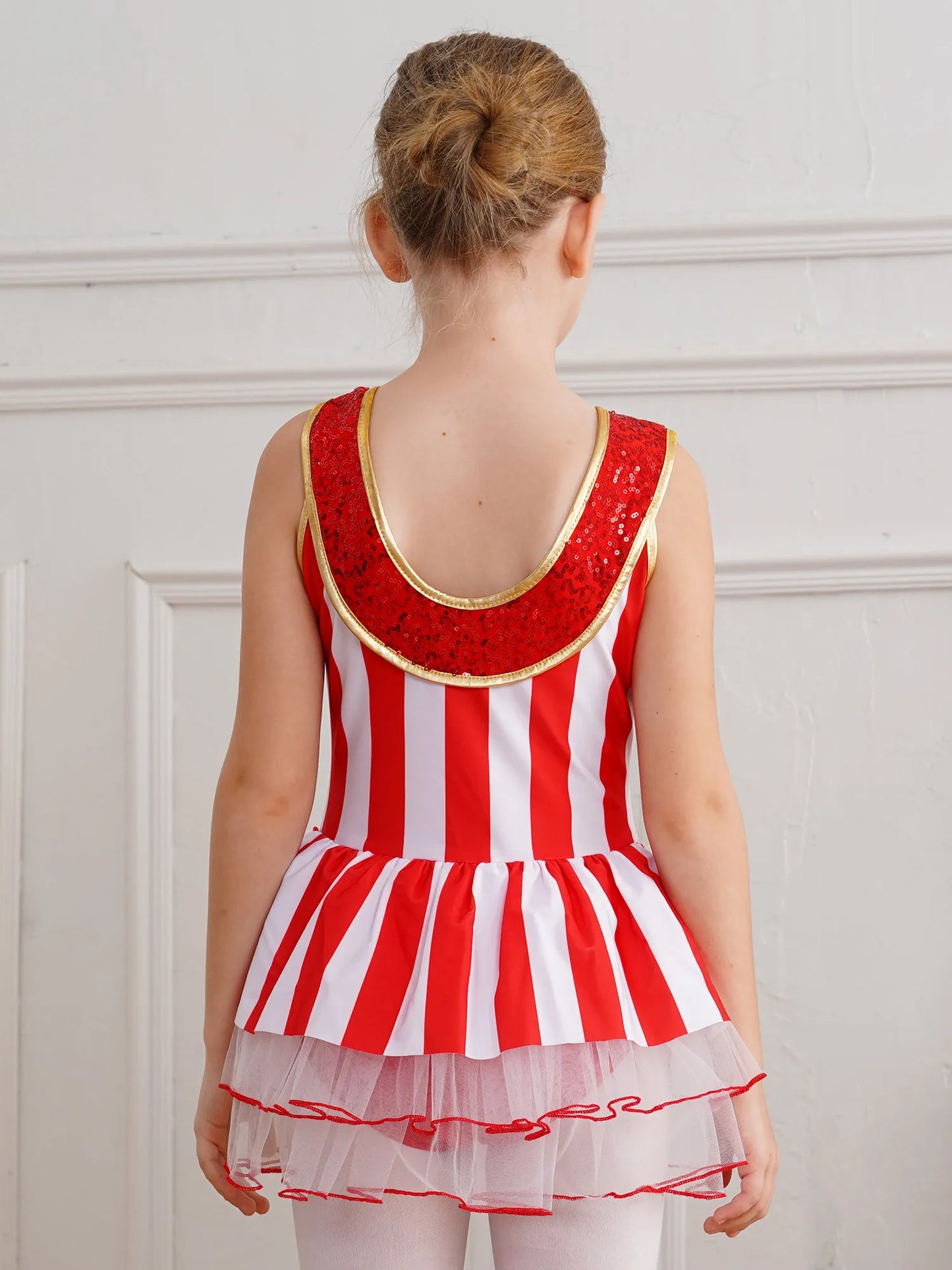 Kids Girls Sequins Candy Cane Christmas Costume Sleeveless Santa Sweetie Xmas Dance Gymnastics Leotards Dress for Holiday Party