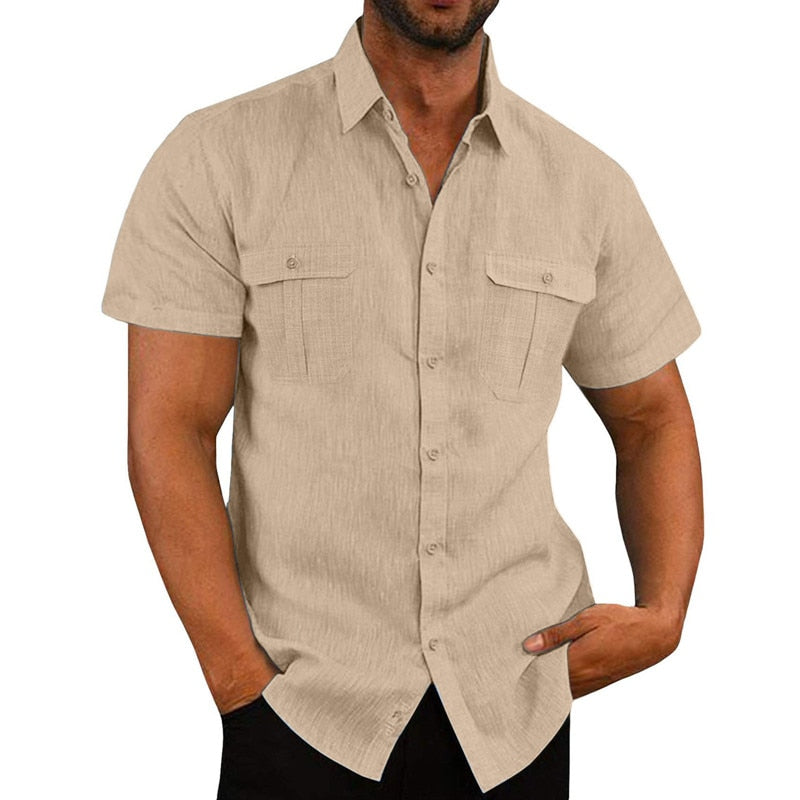 Summer Cotton Linen Casual Shirts Men Short Sleeve Solid Color Turn Down Collar Shirt Mens Breathable Beach Style Blouse 5XL