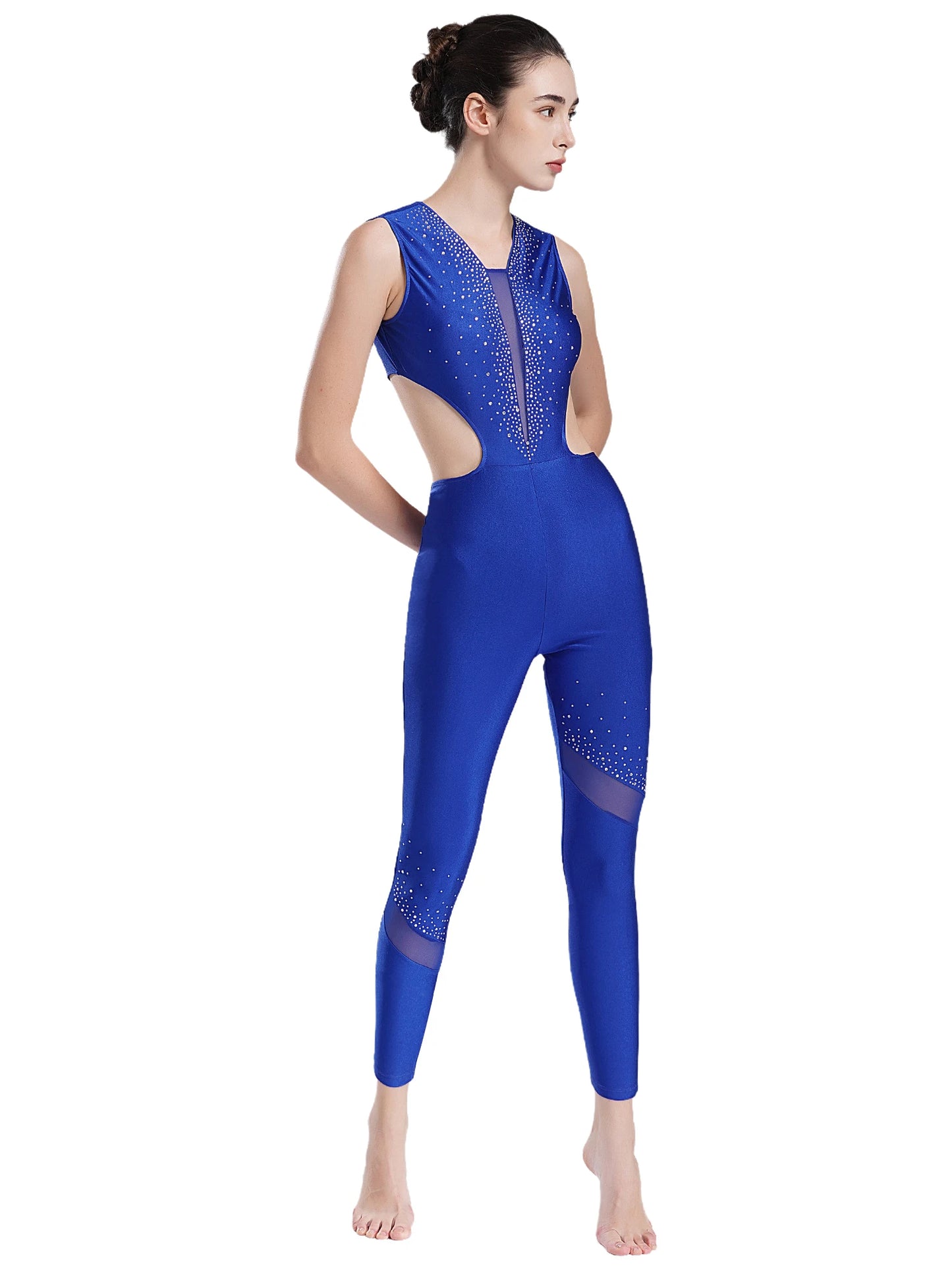 Damen Glitter Strass ärmellose Ausschnitt rücken freie Gymnastik Unitard Ballett Tanz Figur Eislauf Trikot Ganzkörper anzug