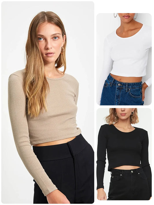 Trendyol TYZA Mehrfarbiges Langarm-T-Shirt für Damen, 2-teilig, 2024, Herbst-Winter, Stretch, schmale Passform, gerippte Crop-Strickoberteile