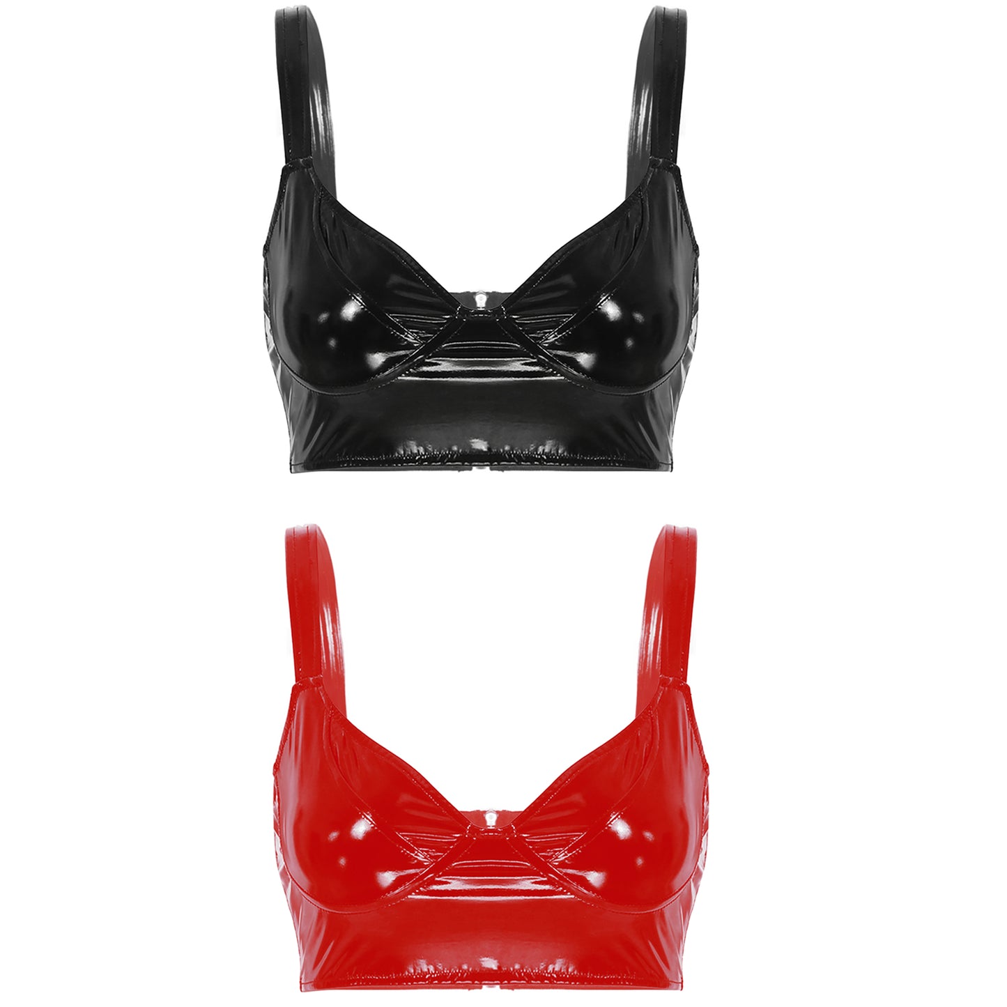 Womens Erotic Lingerie Wetlook Patent Leather Wireless Bra Tops Camisole Wide Shoulder Straps Sexy Crop Top Bra Clubwear