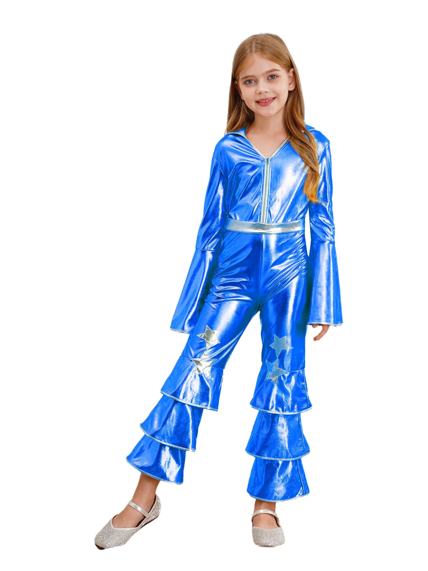 Kids Girls 70s 80s Disco Costume Metallic Flare Sleeve Ruffle Bell Bottom Jumpsuit Halloween Cosplay Funky Dancing Bodysuit