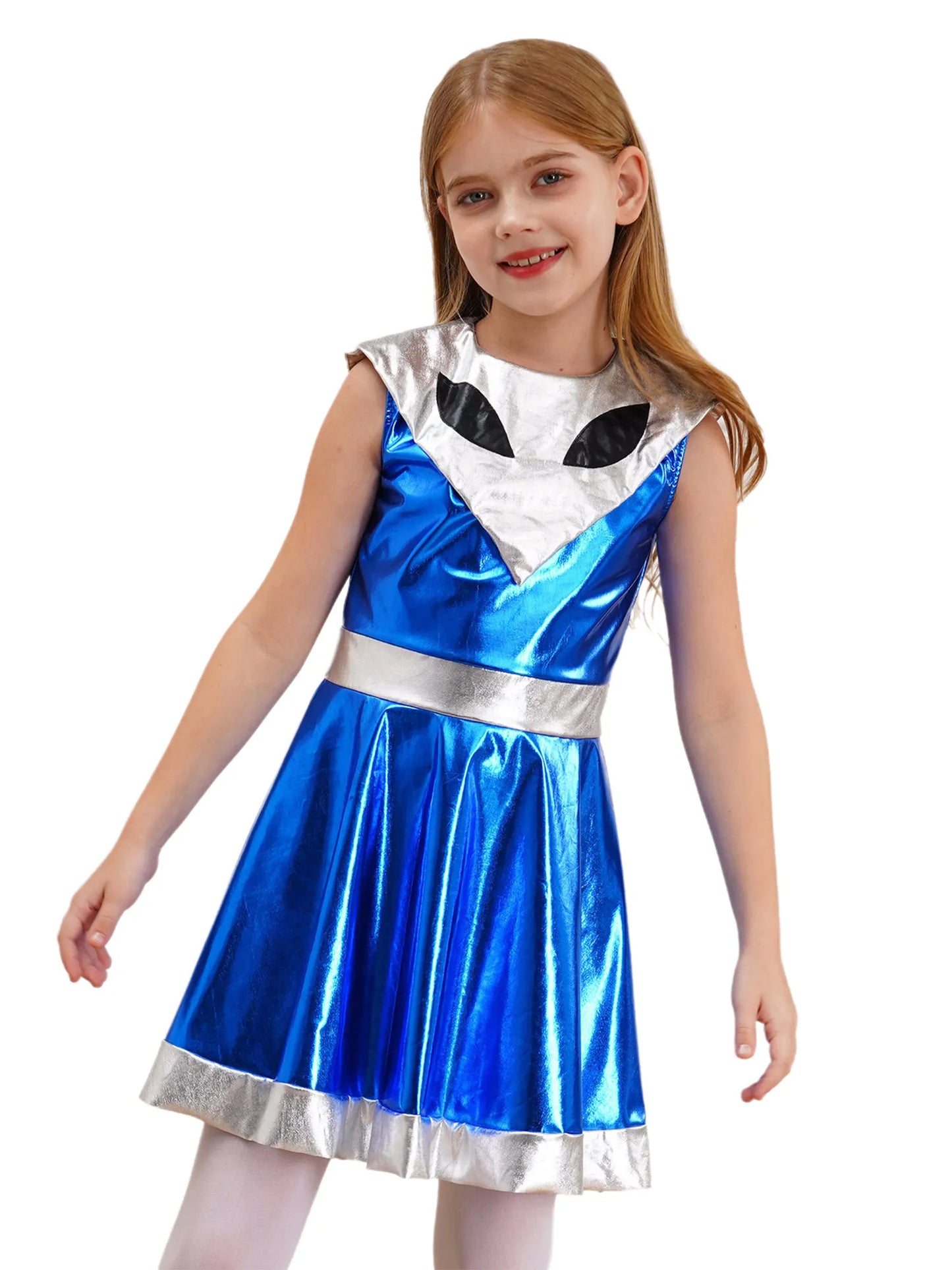 Kinder Mädchen Galaxy Outer Space Cutie Kostüm Halloween Alien Shiny Metallic A-Linie Kleider für Karneval Festivals Cosplay Party