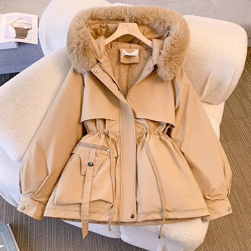 Fleece gefütterte Kapuze Daunen jacke Wintermantel für Frauen warme Kordel zug gepolsterte Parkas koreanische lässige Streetwear weibliche Puffer Outwear