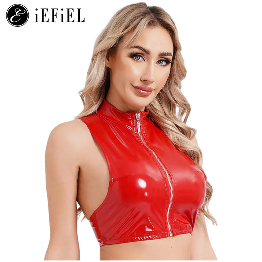 Frauen sexy Racer Back Crop Top Wetlook Patent Leder Reiß verschluss Leibchen Bustier Korsett für Party Night Club Rave Dance