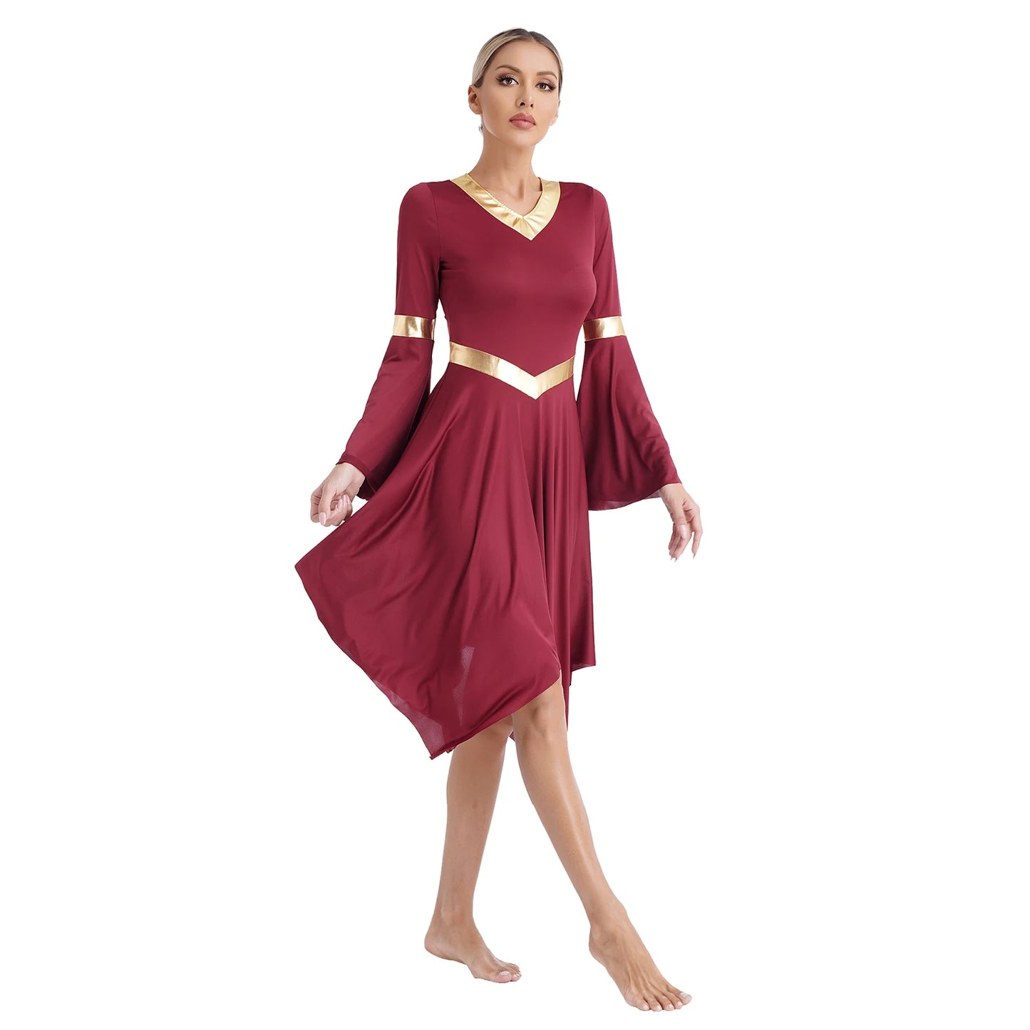 Womens Praise Liturgical Dress Metallic Contrast Color V Neck Flare Sleeve Asymmetrical Hem Dresses Church Worship Dancewear