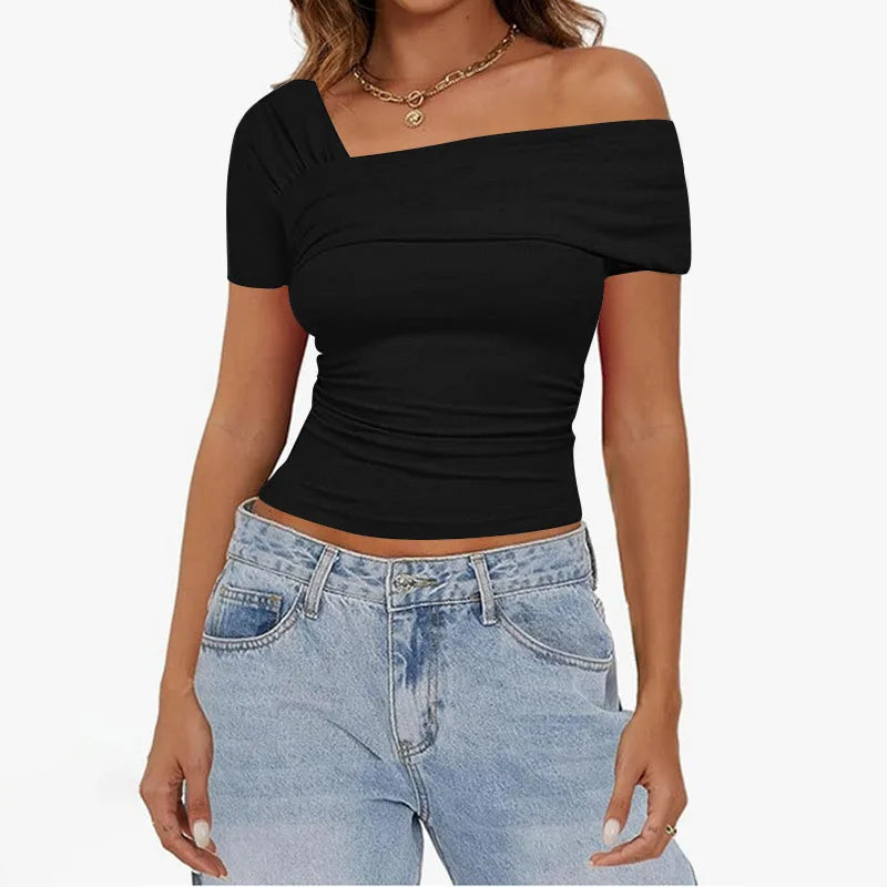 BIIKPIIK One-shoulder Shirring Short Sleeve T-shirt for Women Casual Backless Concise Tees All-match Solid Crop Top Basic Outfit