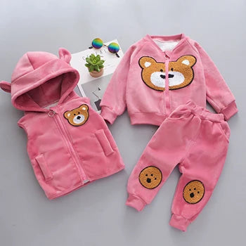 1 2 3 4 jahre Winter Baby Jungen Kleidung Sets Cartoon Bär Warm Halten Mantel + Kapuze Zipper Weste Und hosen Mädchen Anzüge Kinder Kleidung