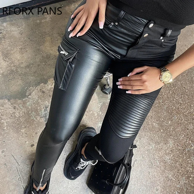 Women Casual High waist Zipper PU leather Patchwork  Pocket Skinny Pencil Pants