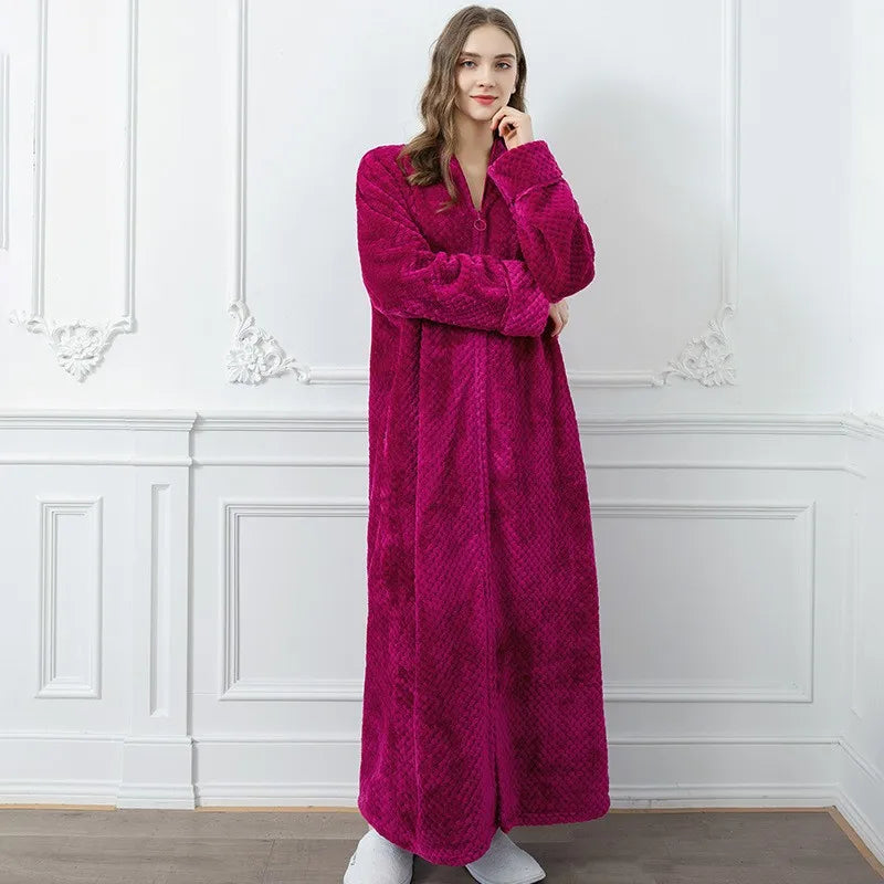 Frauen Winter extra lange warme Jacquard Flanell Bademantel schwangeren Reiß verschluss plus Größe Bademantel Lounge Korallen Fleece Bademantel