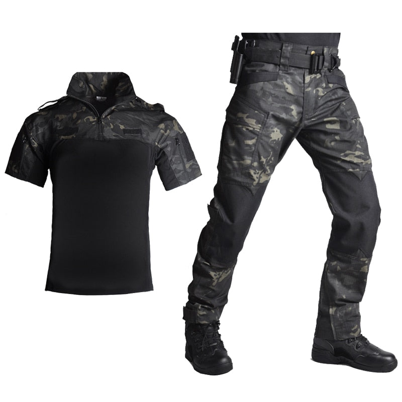 HAN WILD Hiking Suit Army Camouflage Combat T-shirt Men Military Airsoft Suit Summer Outdoor Tactical Shirt Pants Multicam Set