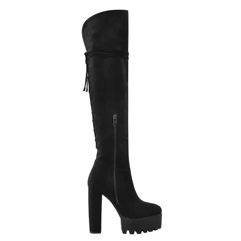 Nur Hersteller über dem Knie Stiefel Frauen schwarze Plattform High Heel Stiletto hohen Reiß verschluss plus Größe hand gefertigte Stiefel