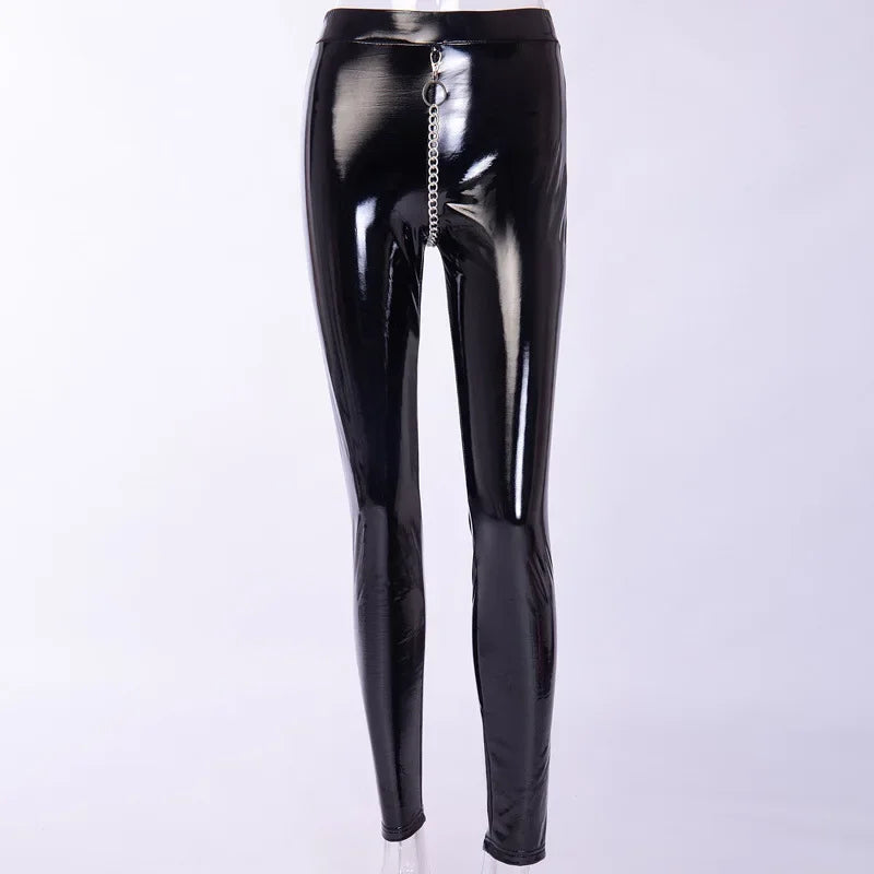 Hohe Taille Glänzende PU Leder Hosen Frauen Straße Metall Kette Leder Hosen Damen Schlank Bodycon Stretch Nahtlose Leggings Clubwear